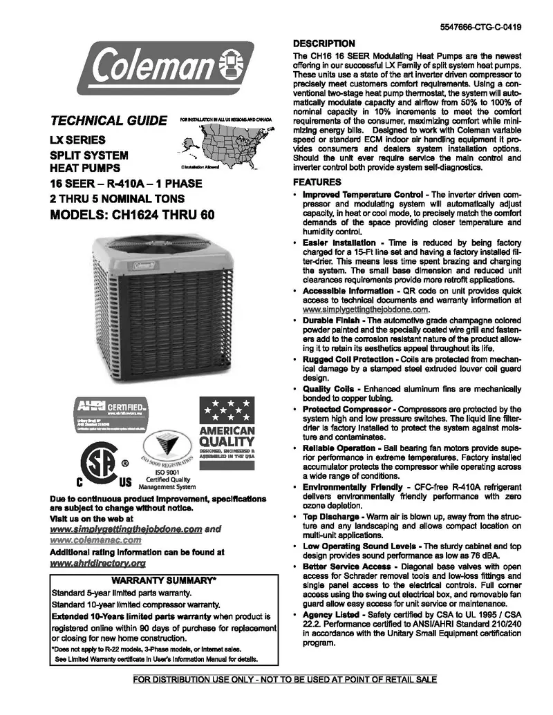 Ch16b Heat Pump Lx Series, 16 Seer, Single-Phase, Modulating, R410a 184 Pages Of Data And Parts Breakdown 1
