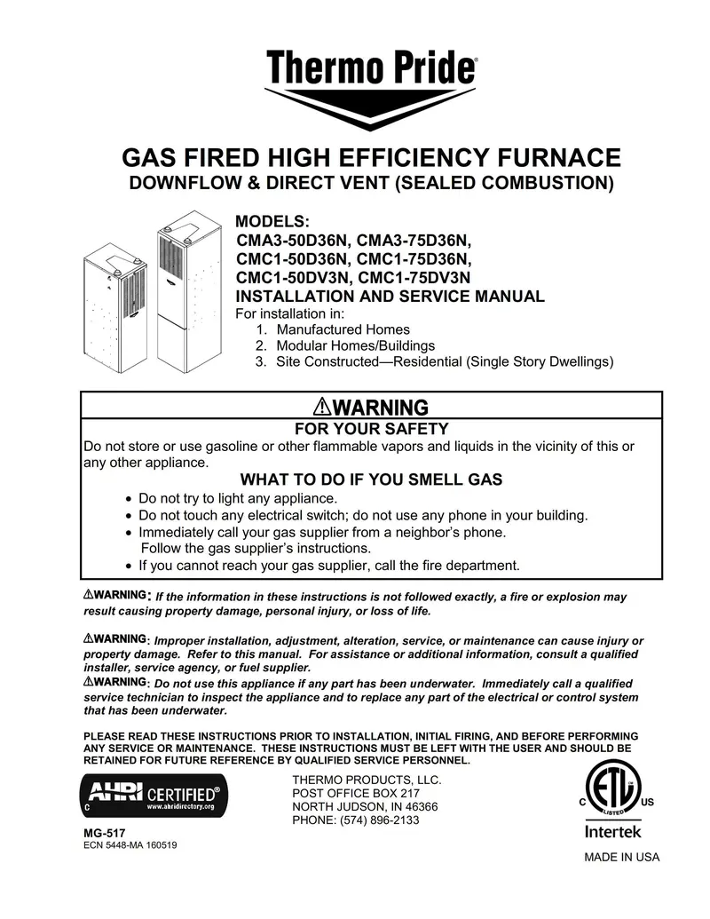 Thermo Pride Cma, Cmc Mobile Home Furnace Owners Manual, Parts, Wire Diagram (Download) 1